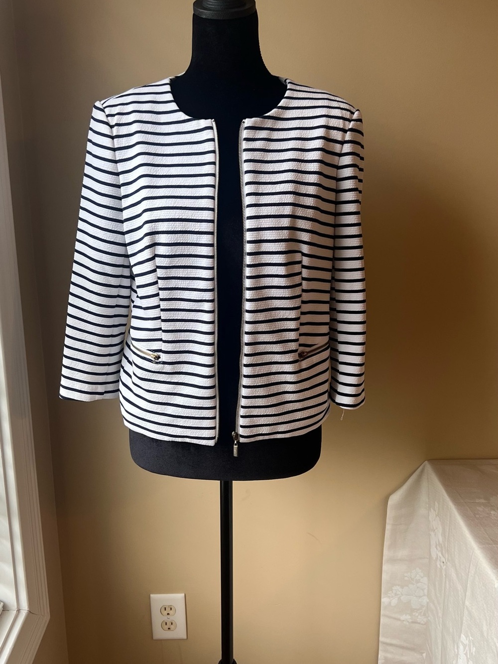 Striped Black and White Collarless Women's Blazer